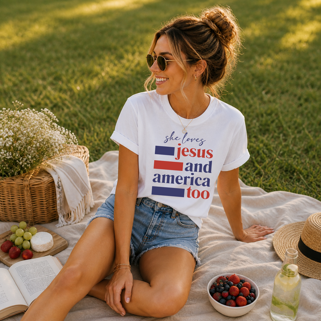 Loves Jesus & America Too | Faith & Freedom Tee - Stacked