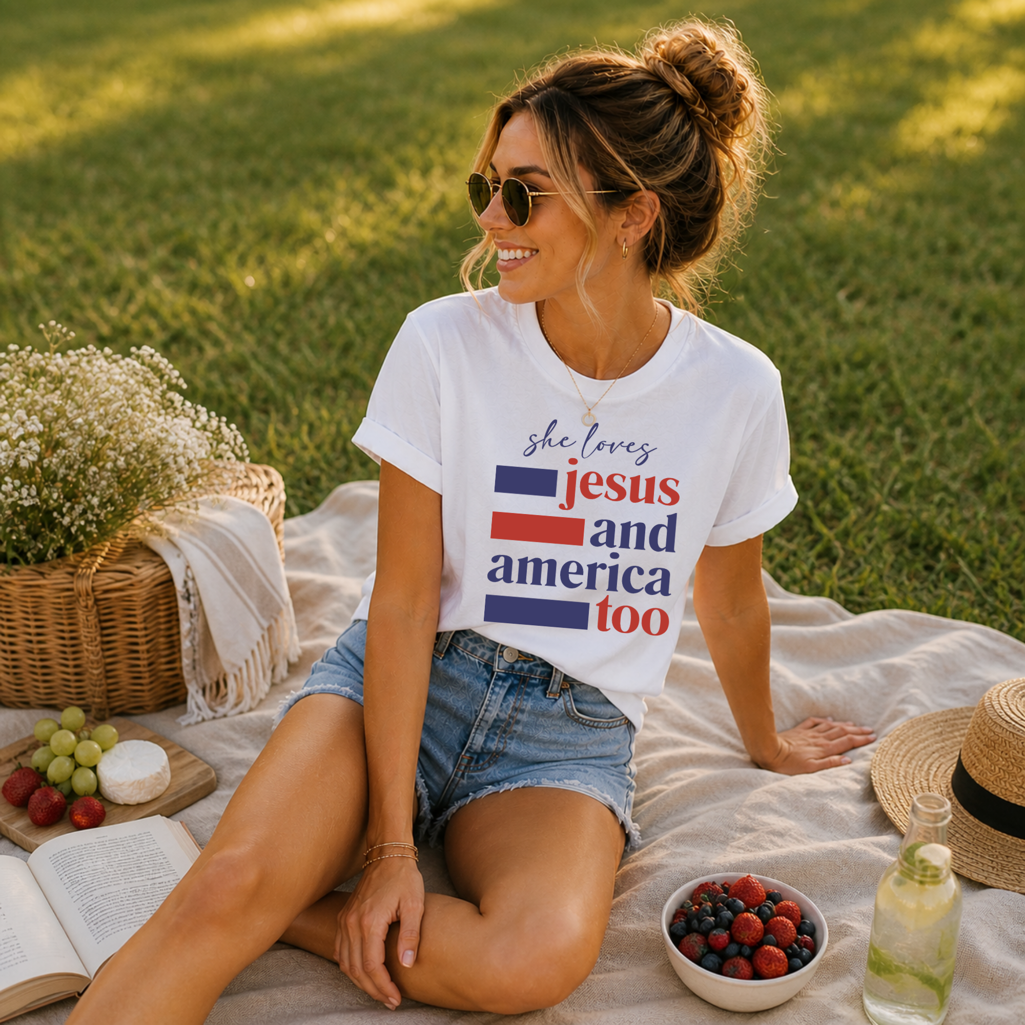 Loves Jesus & America Too | Faith & Freedom Tee - Stacked