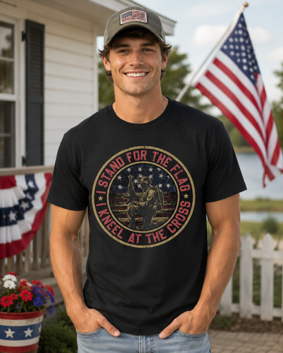 Stand For The Flag Kneel For The Cross - circle | For Him | Faith & Freedom Tee