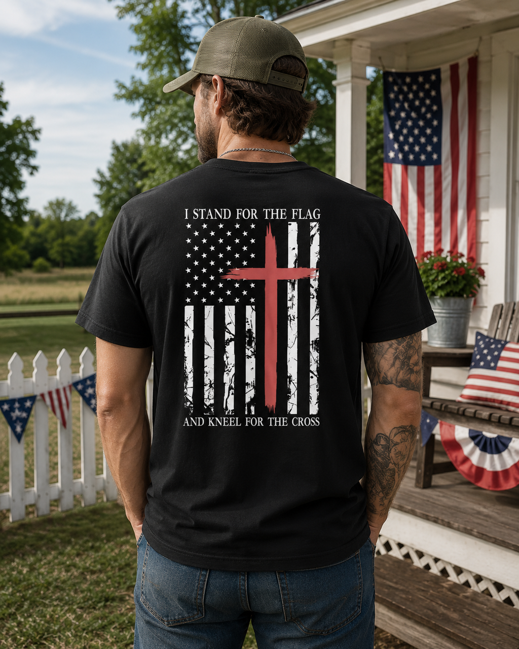 Stand For The Flag Kneel For The Cross - vertical | For Him | Faith & Freedom Tee