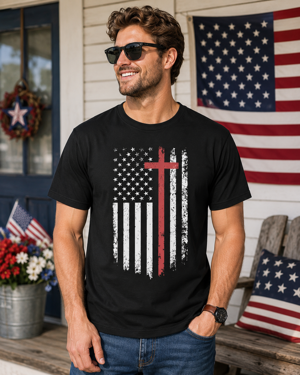 Flag + Cross | For Him | Faith & Freedom Tee