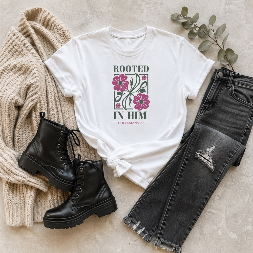 Rooted in Him | Colossians 2:7 | Splash of Color | Faith Tee